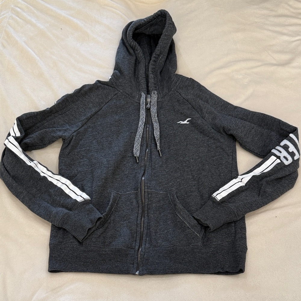 Hollister Gray Zip-Up Hoodie with White Stripes